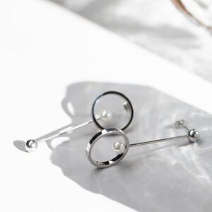 Asymmetrical geometric earrings , modern stainless steel pearl drop earrings
